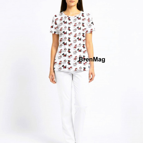 Costum Medical Bumbac Dama Imprimat cu decolteu rotund - Puppy Dog